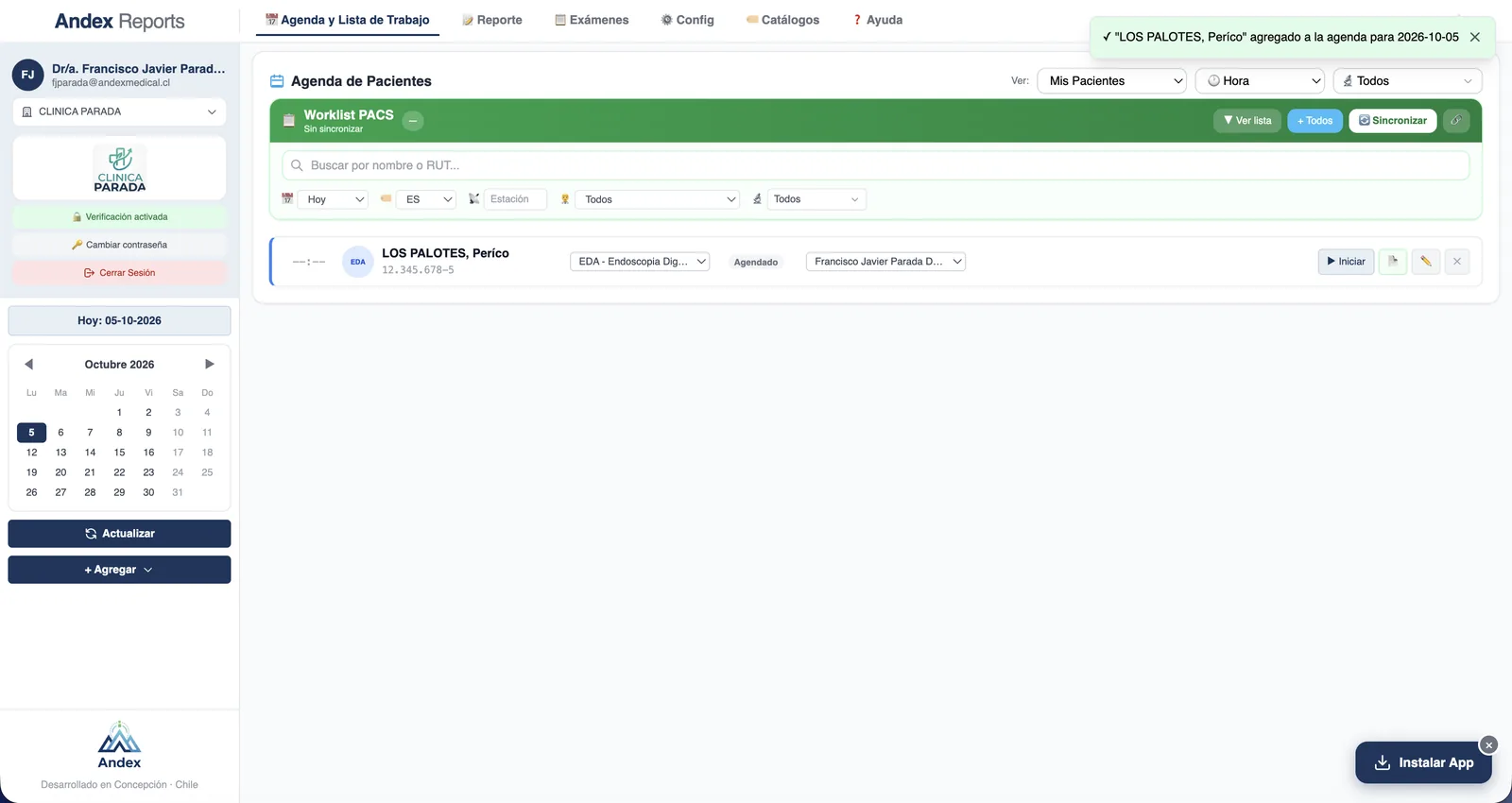 Agenda del día en AndexReports con worklist PACS